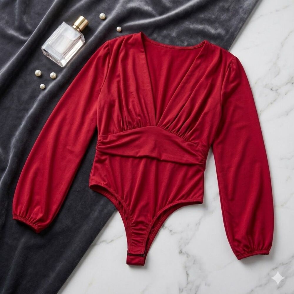 NWT 21 Saints Red Bodysuit M Blouson Sleeve Deep V Tummy Control Elegant Sexy